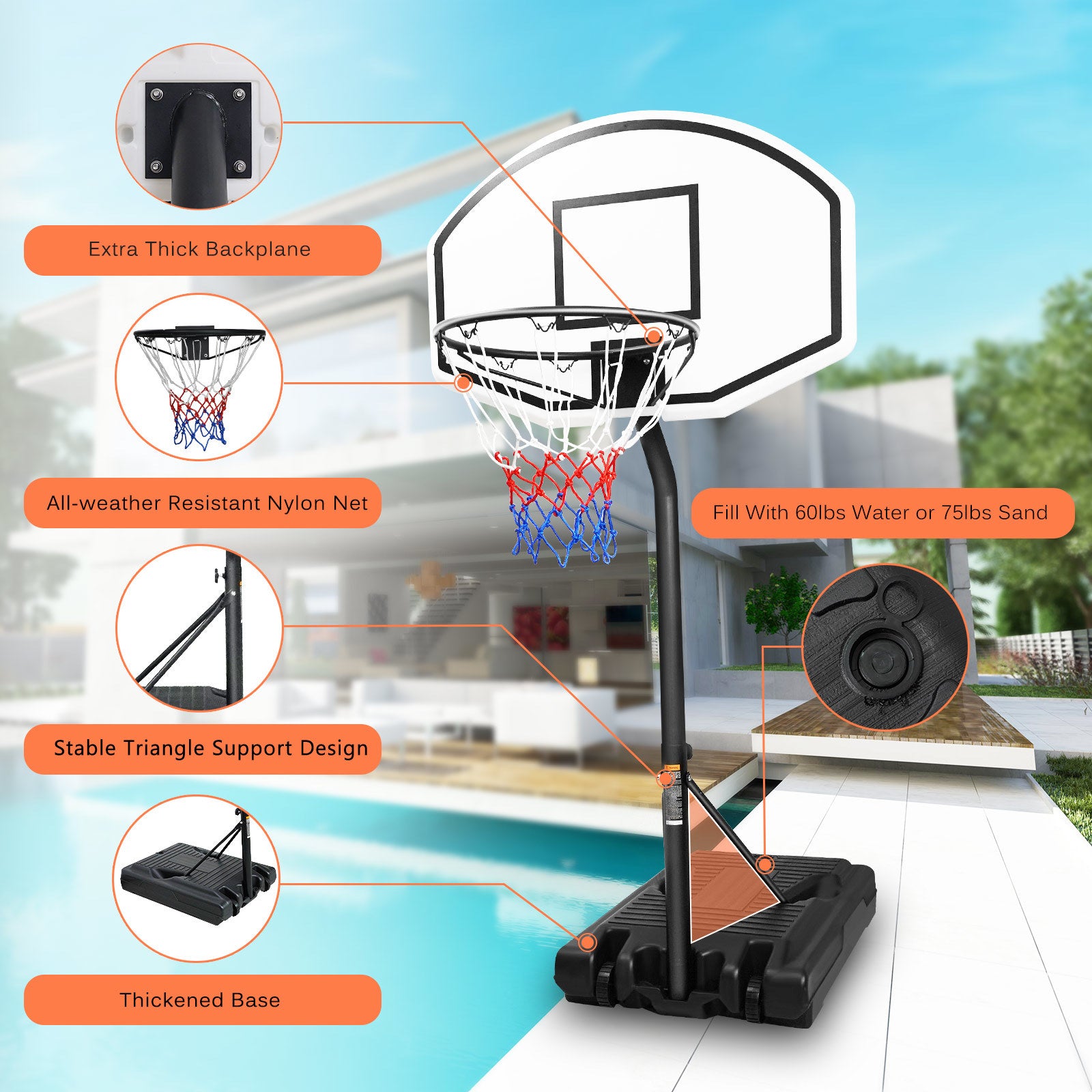 Portable Poolside Basketball Hoop Swimming Pool 3.1ft to 4.7ft Height-Adjustable Basketball System Goal Stand for Kids Doba